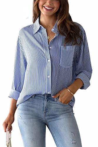 Gestreifte Leinenbluse Damen Langarm Knopfleiste Tops V-Ausschnitt Shirt Bluse Tunika Langes Shirt Große Größen Leinen Tops T-Shirt Lose Elegante Pullover Bluse Blau S von Panegy