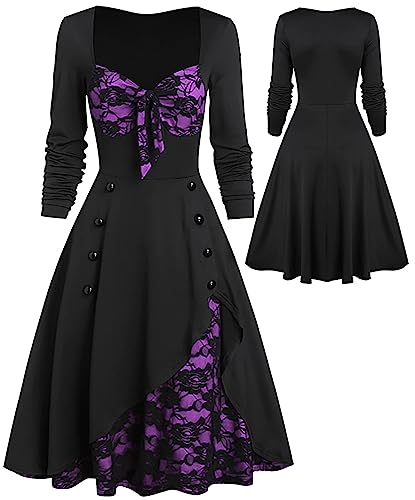 Gothic Halloween Kleid Kostüm Damen A-Linie Spitze Maxikleider Damen Festival Vintage Hexenkleid Cosplay Club Party Kostüme von Panegy