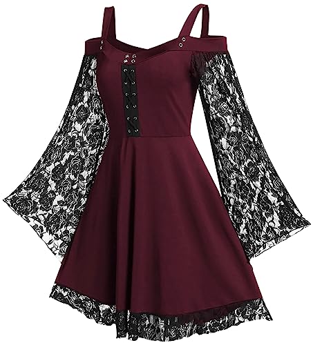 Gothic Halloween Kleid Kostüm Damen A-Linie Spitze Maxikleider Damen Festival Vintage Hexenkleid Cosplay Club Party Kostüme von Panegy
