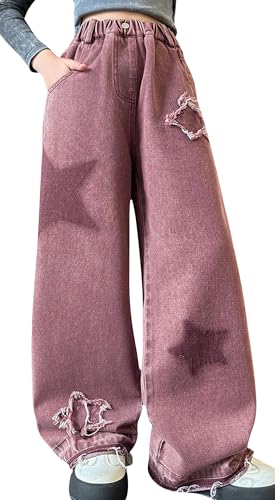 Große Mädchen Wide Leg Jeans Hohe Taille Stretch Ripped Hosen Pentagramm Stickerei Waschte Hosen Vintage Lose Cargo Baggy Jeans Rosa 12-13 Jahre von Panegy
