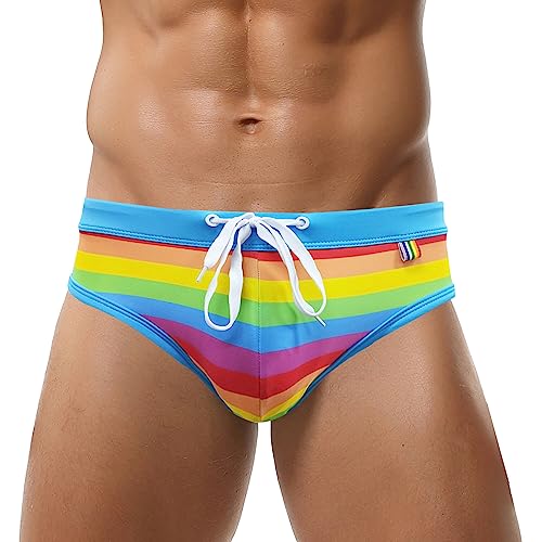 Herren Badehose mit lustigem Muster Sommer Bikini Hose mit abnehmbarem Pad Rainbow Stripes Sport Badehose Thong Shorts Elastisch Low Rise Drawstring Beach Board Trunks Rainbow XXL von Panegy