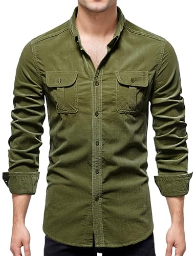 Herren Button Down Hemden Corduroy Solid Plain Slim Business Work Top Regular Loose Thin Lightweight Jacket Long Sleeve Cotton Linen Striped Coat Shirt Grün XXL von Panegy