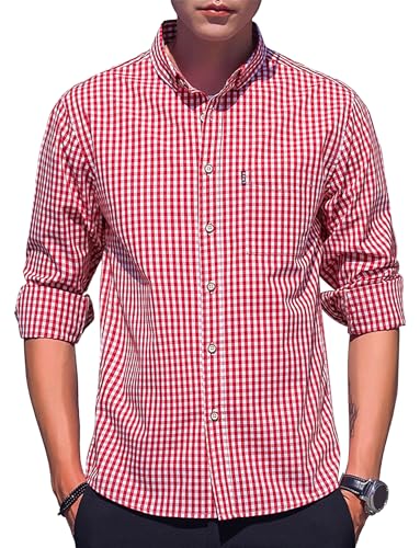 Herren Karohemd Plaid Button Down Country Style Tops Langarm 100% Baumwolle Casual Hemd Slim Fit Classic Western Hemd mit Tasche Rot-Weiß XXL von Panegy