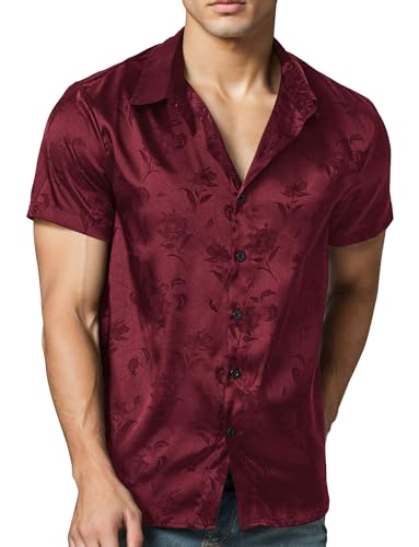 Herren Kurzarm-Kleid Hemd Stretch Plain Regular Fit Casual Hemd Sommer Hawaiianische Blumen Jacquard Hemden Solid Button Down Formal Top Shirt Rot L von Panegy