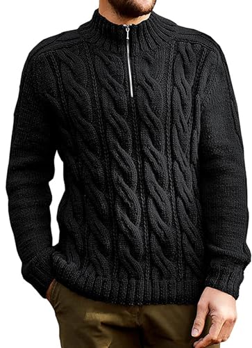 Herren Pullover Rollkragen Strickpullover Quarter Zip Winter Pullover Warm Heavyweight Solid Knitwear Long Sleeve Rib Office Tops Schwarz von Panegy