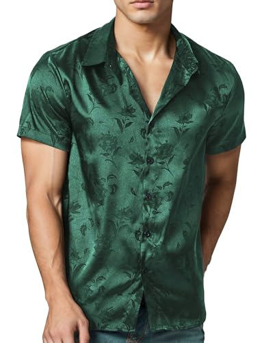 Herren Seidensatin Kleid Hemd Reverskragen Mode Casual Shirt Kurzarm Floral Jacquard Button Up Hemd Sommer Hawaii Strand Hemd Grün M von Panegy