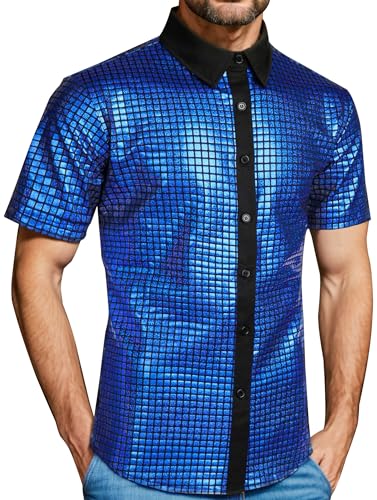 Herrenhemd 70er Jahre Glänzend Pailletten Mesh Button Down Hemd Kurzarm Disco Tanzkostüm Nachtclub Fancy Outfit Top Blau von Panegy