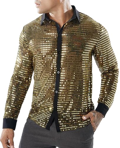 Herrenhemden Glänzend Business Stretch Langarm Kleid Hemd Lässig Schlank Cosplay Mode T-Shirt 70er Jahre Night Club Disco Party Kostüm Gold von Panegy