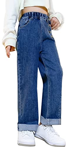 Hosen Mädchen Jeans Casual Wide Leg Jeans Roll Up Cute Loose Fit Stylish Trousers Elastic Waist Straight Leg Jeans Cotton Baggy Jeans Blau Large von Panegy