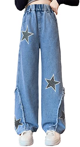 Jeans Mädchen Cute Fit Stylish Pants Five-Pointed Star Print Baggy Pants Distressed Elastic Waist Denim Wide Leg Pants with Pockets Twine Trim Washed Retro Style Trousers Blau Alter 8-9 Jahre von Panegy