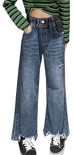 Jeans Teenager Mädchen Elastische Taille Denim-Hosen Weites Bein Lose Hose mit Tasche Largee Kinder Jeans mit geradem Bein Reguläre Passform Denim-Hosen Blau Large von Panegy