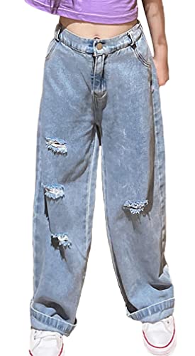 Jeans für Mädchen Bootcut Ripped Elasticated Waist Retro Style Denim Pants Loose Straight Jeans Wide Leg Jeans Casual Trousers Kids Vintage Jeggings Jeans Hellblau Alter 8-9 Jahre von Panegy