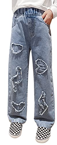 Jeans für Mädchen Casual Wide Leg Jeans Cute Loose Fit Stylish Trousers Elastic Waist Frayed Straight Leg Jeans Cotton Baggy Jeans Blue 7-8 Years von Panegy