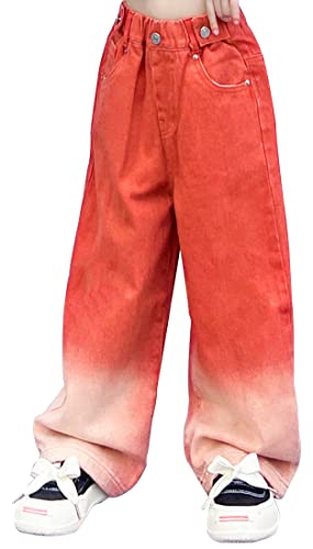 Jeans für Mädchen Casual Wide Leg Jeans VintageFit Denim Pants Elastic Waist Straight Leg Jeans Cute Loose Stylish Trousers with Pocket Orange 8-10 Years von Panegy