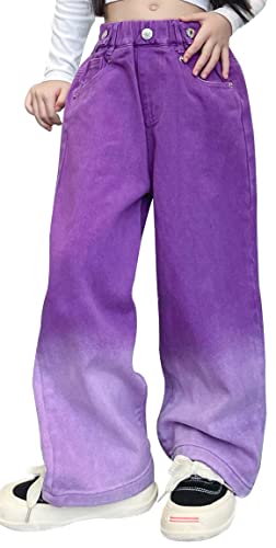 Jeans für Mädchen Casual Wide Leg Jeans VintageFit Denim Pants Elastic Waist Straight Leg Jeans Cute Loose Stylish Trousers with Pocket Purple 8-10 Years von Panegy