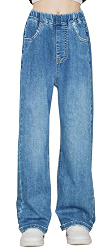 Jeans für Mädchen Casual Wide Leg Regular Fit Denim Pants Elastic Waist Straight Leg Jeans Cute Loose Stylish Trousers with Pocket Blau 4X Large von Panegy