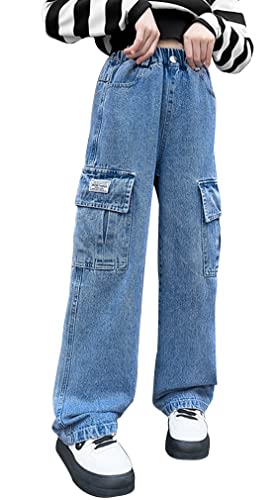 Jeans mit weitem Bein für Mädchen Relaxed Fit Leg Cargo Casual Pants Straight-Fit Stretchy Vintage Comfort Trousers Baggy Wide Leg Pants with Pockets für Kinder Blau Alter 13-15 Jahre von Panegy