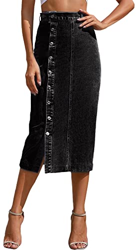 Jeansrock für Frauen Casual Stretch Waist Washed Denim A-Line Maxi Rock High Rise Button Front Jean Rock Split Hem Solid Long Denim Pencil Skirts Black S von Panegy