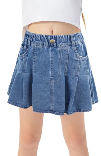 Jeansrock für Mädchen Rüschensaum Lässige Kurze ausgestellte Röcke mit Taschen Fester plissierter Denim-Rock Elastische Taille A-Lined Mini Skorts Sommer Blau 9-10 Jahre von Panegy