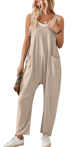 Jumpsuits für Frauen Sommer Casual Knit Long Bib Pants Baggy Sleeveless Sweater Jumpers Overalls Loose Solid One Piece Dungarees Khaki L von Panegy