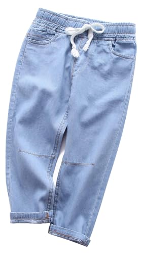 Jungen Cargo Hosen Kinder Stretch Elastische Taille Joggers Mädchen Straight Fit Denim Jeans Hosen Lose Tapered Leg Sommerhose Hellblau 7-8 Jahre von Panegy