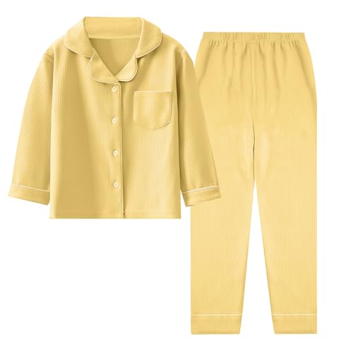 Jungen Mädchen Pyjama Set Herbst Winter Nachtwäsche Top T-Shirt + Hose Kinder Button Down PJS Sets Loungewear 2 Stück Kinder Langarm Schlafanzug Gelb 2-3 Jahre von Panegy