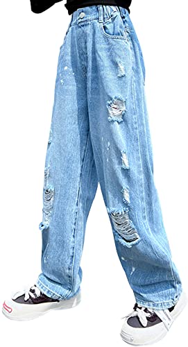 Kinder Jeans Mädchen Casual Wide Leg Jeans Ripped Jeans für Mädchen Elastic Waist Jeans mit Tasche Regular Fit Denim Pants Distressed Cutout Denim Pants Blau 8-10 Jahre von Panegy