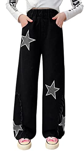 Kinder Jeans Mädchen Weite Beine Baggy Hosen hohe elastische Taille Distressed Ripped Jeans Causal Loose Straight Trousers Retro Style Vintage Hose mit Taschen Schwarz Alter 8-9 Jahre von Panegy