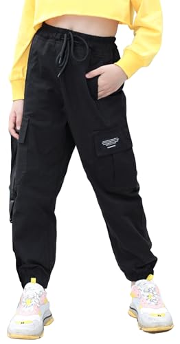 Kinder Jungen Mädchen Hosen Cargo Jogger mit Gürtel Elastische Taille Hose Locker Casual Street Dancewear mit Multi Packet Wide Leg Bottoms Schwarz 13-15 Jahre von Panegy