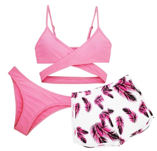 Kinder Mädchen Bikini Tankini Set 3 Stück Badeanzug Crop Top mit Shorts Pool Quick Dry Bademode Badekostüm Sommer Strand Badeanzug Pink 10-11 Jahre von Panegy