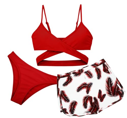 Kinder Mädchen Bikini Tankini Set 3 Stück Badeanzug Crop Top mit Shorts Sommer Strand Badeanzug Pool Quick Dry Bademode Schwimmkostüm Rot 10-11 Jahre von Panegy