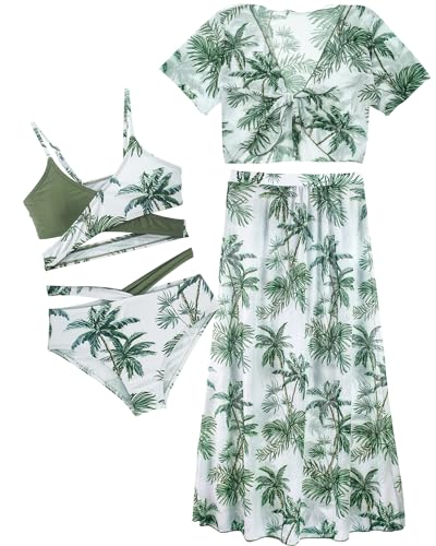 Kinder Mädchen Bikini Tankini Set 4 Stück Sommer Strand Badeanzug Cover-Up Top mit Röcken Badeanzug Quick Dry Swimwear Schwimmkostüm Grün 10 Jahre von Panegy