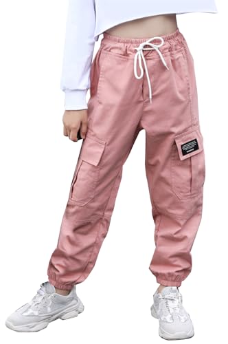 Kinder Mädchen Casual Cargo Hose Solid Jogger Fallschirm Hose High Waist Outdoor Streetwear mit Multi Taschen Loose Pants Street Dance Pink 7-8 Jahre von Panegy