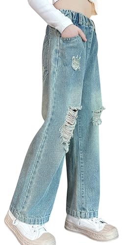 Kinder Mädchen Casual Ripped Jeans Washed Elastic Waist Wide Leg Baggy Trousers with Pockets Denim Pants Ripped Retro Stretchy Jeggings 8-9 Jahre von Panegy