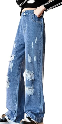 Kinder Mädchen Dehnbare Hosen Kinder Denim Mode Ausgefranste Hosen Entspannt Lose Passform Lässig Weites Bein Distressed Bootcut Zerrissene Jeans 6-7 Jahre von Panegy