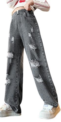 Kinder Mädchen Denim Baggy Ripped Jeans Cool Loose Fit Distressed Pants Baggy Wide Leg Straight Trousers Fashion Stylish Bootcut Pants 10-11 Jahre von Panegy