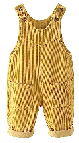 Kleinkind Junge Mädchen Weich Cord Hosenträger Kinder Overall Knopf Schulterriemen Baby Lätzchen Hosen Overall Outfit Lose Retro Einfarbig Latzhose Neugeborenen Overall mit Taschen Gelb 1-2 Jahre von Panegy