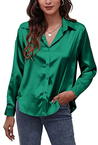 Lady Satin Shirts Front Button Blusen Glänzende Seide wie Tops Langarm Revers Shirts V-Ausschnitt Tops für Frauen für Büroarbeit Business Grün M von Panegy