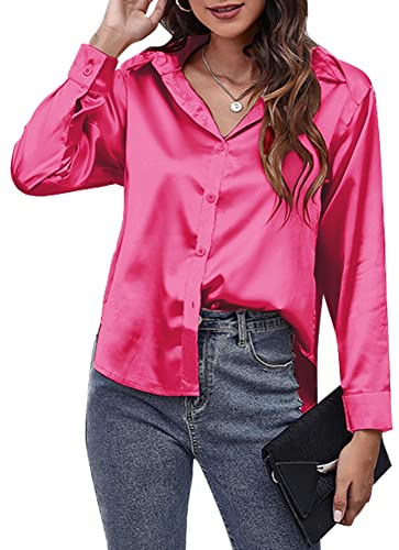 Langarm-Shirts für Damen, Satin-Bluse, V-Ausschnitt, seidenartig, vorne, Knopf-Revers-Shirts für Frauen, Büro, Arbeit, Business, Hochzeit, Abend, Party, Kleidung, Rosa, XL von Panegy