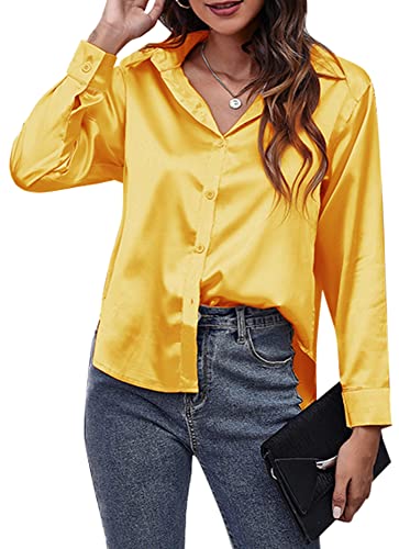 Langarm-Shirts für Damen, Satin-Blusen, vorne geknöpfte Oberteile, Seiden-Revers-Hemden, lässig, Schlichte Bluse für Damen, Büro, Arbeit, Geschäft, Urlaub, Kleidung, Gelb L von Panegy