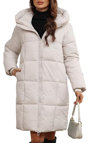 Lange Wintermäntel für Frauen Thermischer Dick gefütterter Mantel Winddicht Warme Maxi Daunenjacke Gesteppte Kapuzenjacke Oberbekleidung Jacke mit Taschen Weiß XL von Panegy
