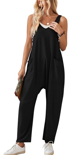 Latzhose für Frauen Baggy Wide Leg Knit Long Rompers Loose Fit Casual Bib Pants with Pockets Summer Sleeveless Jumpsuit Playsuits Black S von Panegy