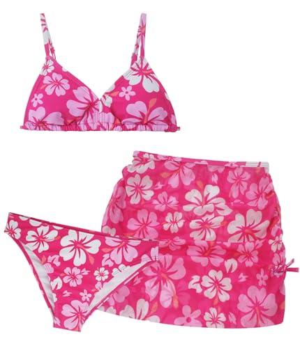 Mädchen 3-teilige Badeanzüge Gedruckt Bikini Badeanzug Gedruckt Dreieck Hawaiian Bademode mit Kordelzug Rock Top Bottom Tankini Set Rosa 12-13 Jahre von Panegy