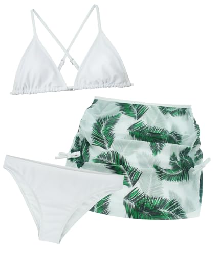 Mädchen 3-teilige Bikini Bademode mit Cover Up Strandrock Tankini Set Coole Spaghetti Strap Strandbekleidung mit Cover Up Strandrock Tankini Set Weiß 8-9 Jahre von Panegy