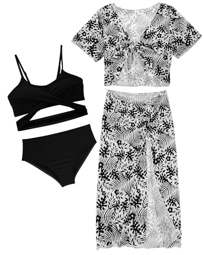 Mädchen 4 Stück Bikini Badeanzug Set Kinder Strand UV Schutz Bademode Tie Dye Badeanzug für Wassersport Kurzarm Cover Up Top Rock Schwarz 10 Jahre von Panegy