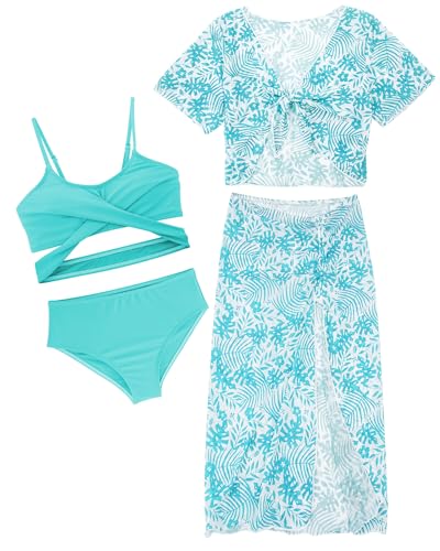 Mädchen 4 Stück Bikini Badeanzug Set Tie Dye Badeanzug für Wassersport Kurzarm Cover Up Top Rock Kinder Strand UV-Schutz Bademode Grün 12 Jahre von Panegy