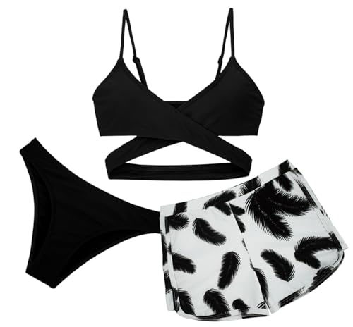 Mädchen Badeanzug 3 Stück Badeanzug Strand Hawaii Badekostüm Quick Dry Sommer Tankini Set mit Cover Up Shorts Bikini Bademode Schwarz 8-9 Jahre von Panegy