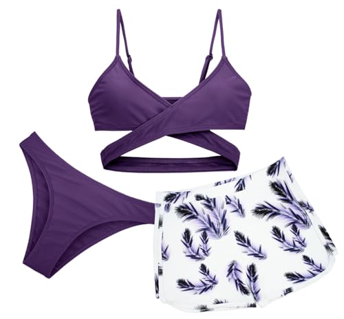 Mädchen Badeanzug 3 Stück Badeanzug Strand Hawaii Badekostüm mit Cover Up Shorts Bikini Bademode Quick Dry Sommer Tankini Set lila 8-9 Jahre von Panegy