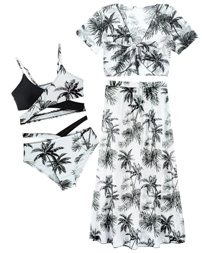 Mädchen Badeanzug Bikini Bademode Quick Dry Tankini Set 4 Stück Badeanzug mit Cover Up Shorts Röcke Strand Hawaii Schwimmen Kostüm Schwarz 10 Jahre von Panegy