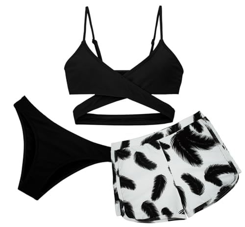 Mädchen Bademode 3Pcs Bikini Set gedruckt Tankini Schwimmen Kostüm Criss Cross Tank Tops mit Boyshorts Sommer Bademode Badeanzug Schwarz 12-13 Jahre von Panegy